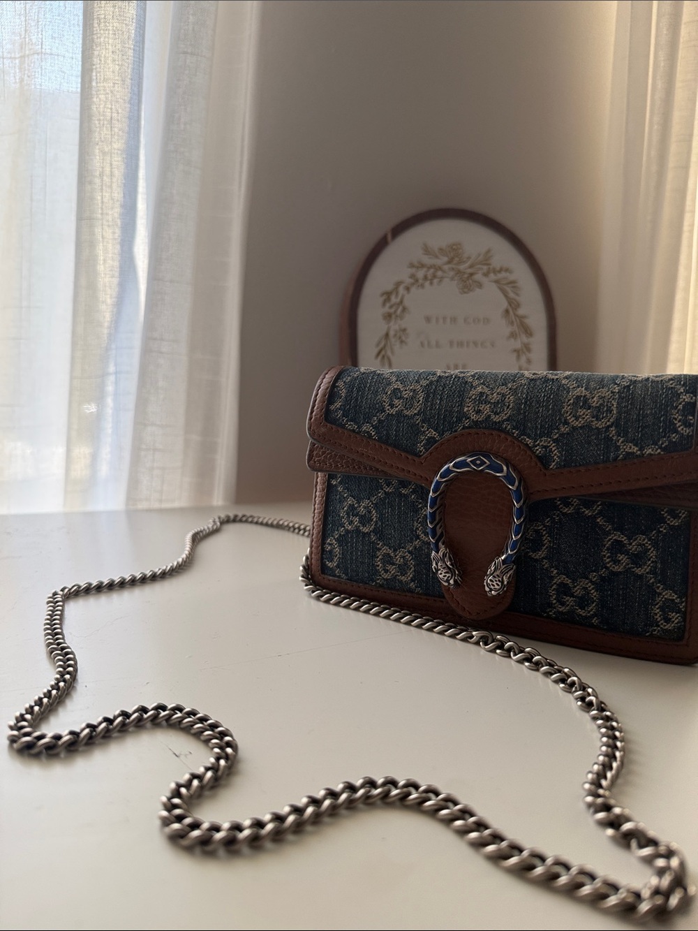 Denim Gucci Monogram Crossbody Bag with Brown Trim and Silver Chain